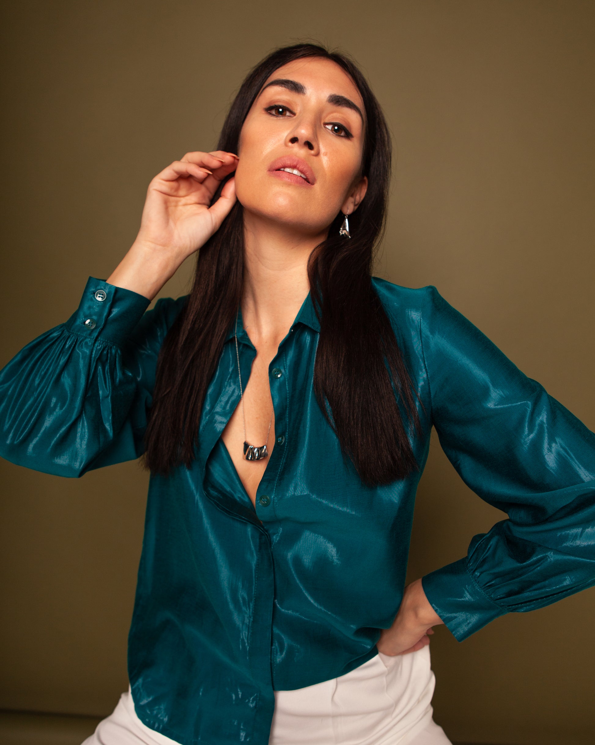 Retro Collar Petrol Green Shirt