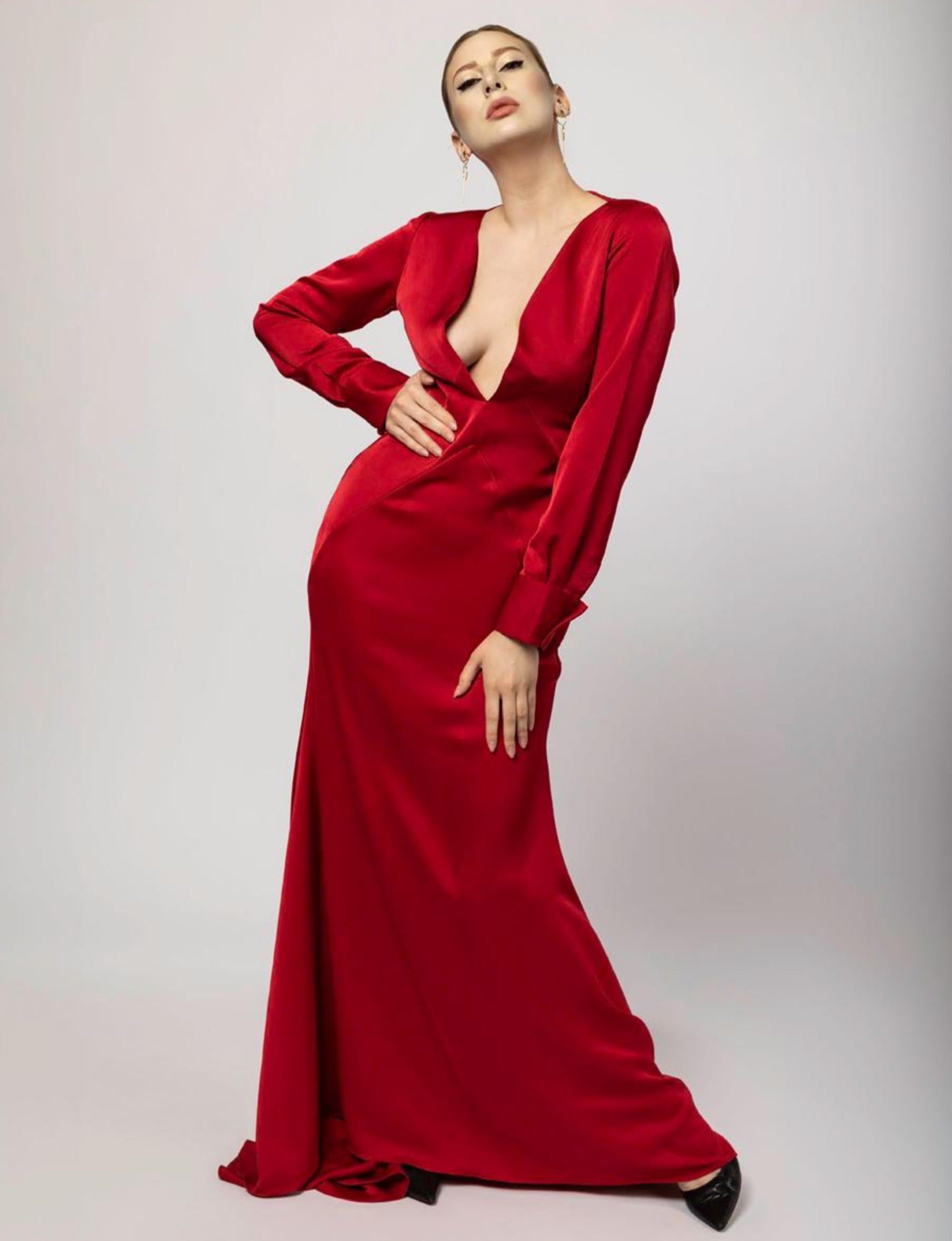Draped Low Back Red Satin Dress
