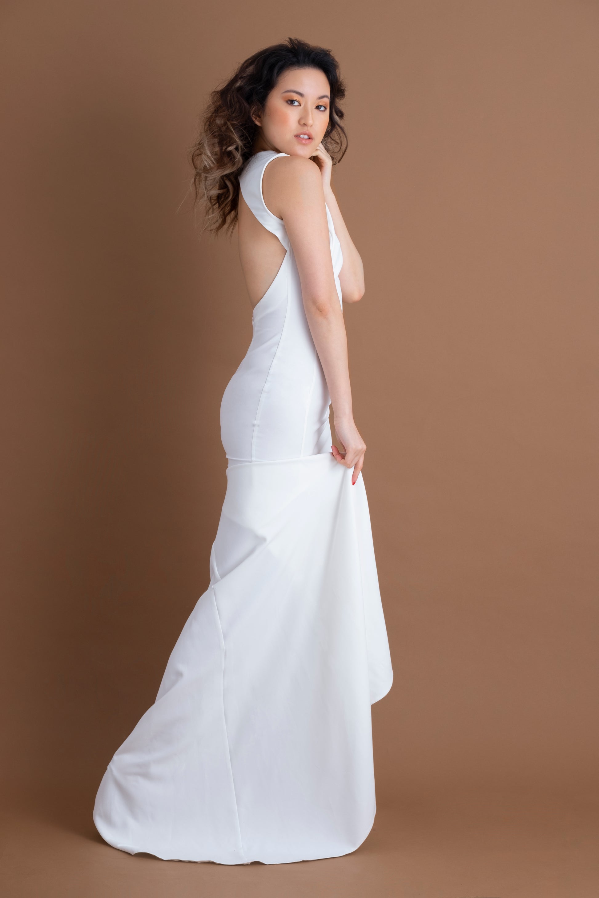 White Fishtail Dress with Low-Back