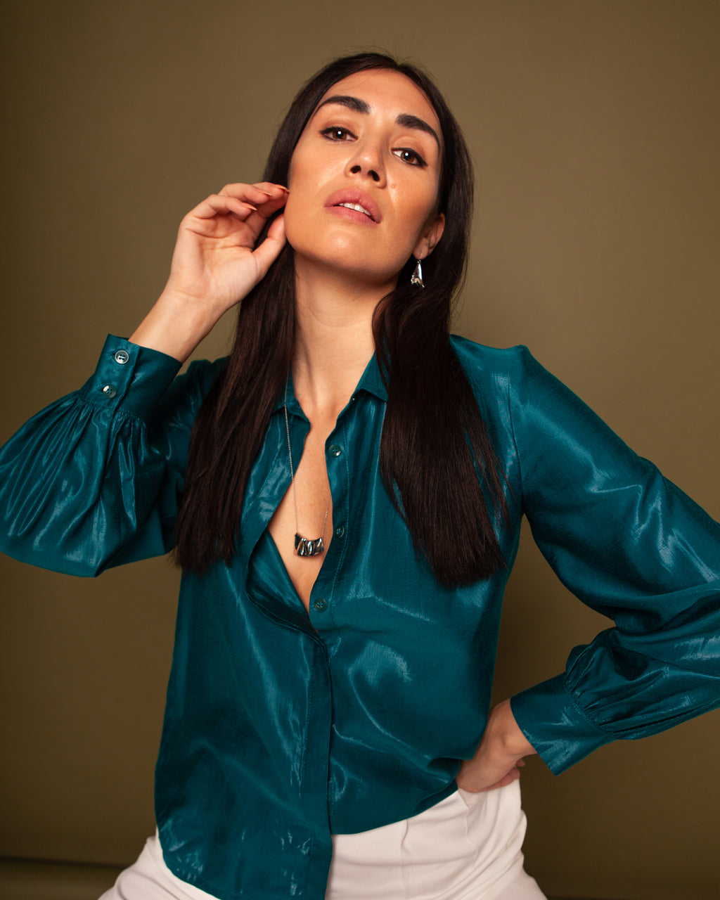 Retro Collar Petrol Green Shirt