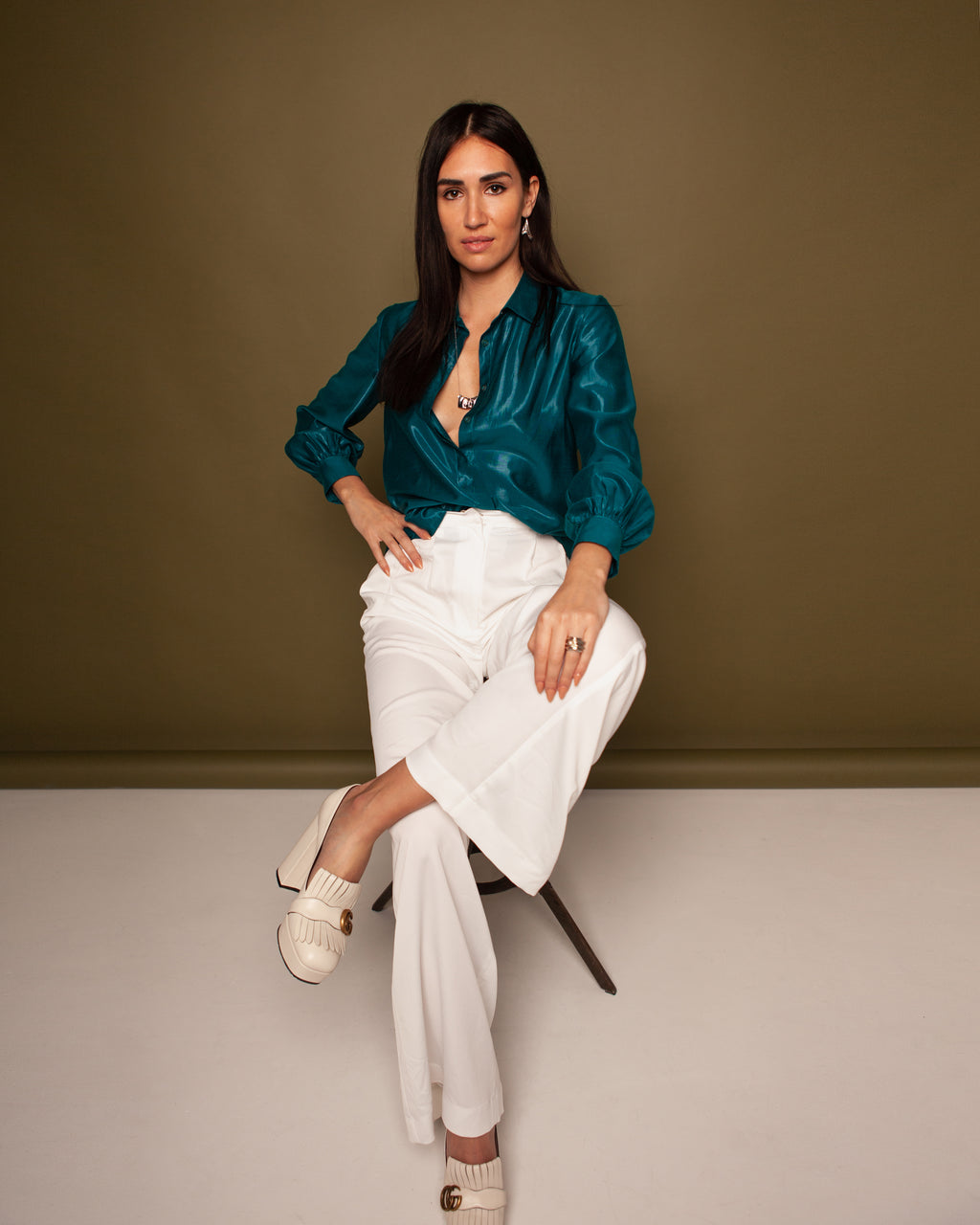 Retro Collar Petrol Green Shirt