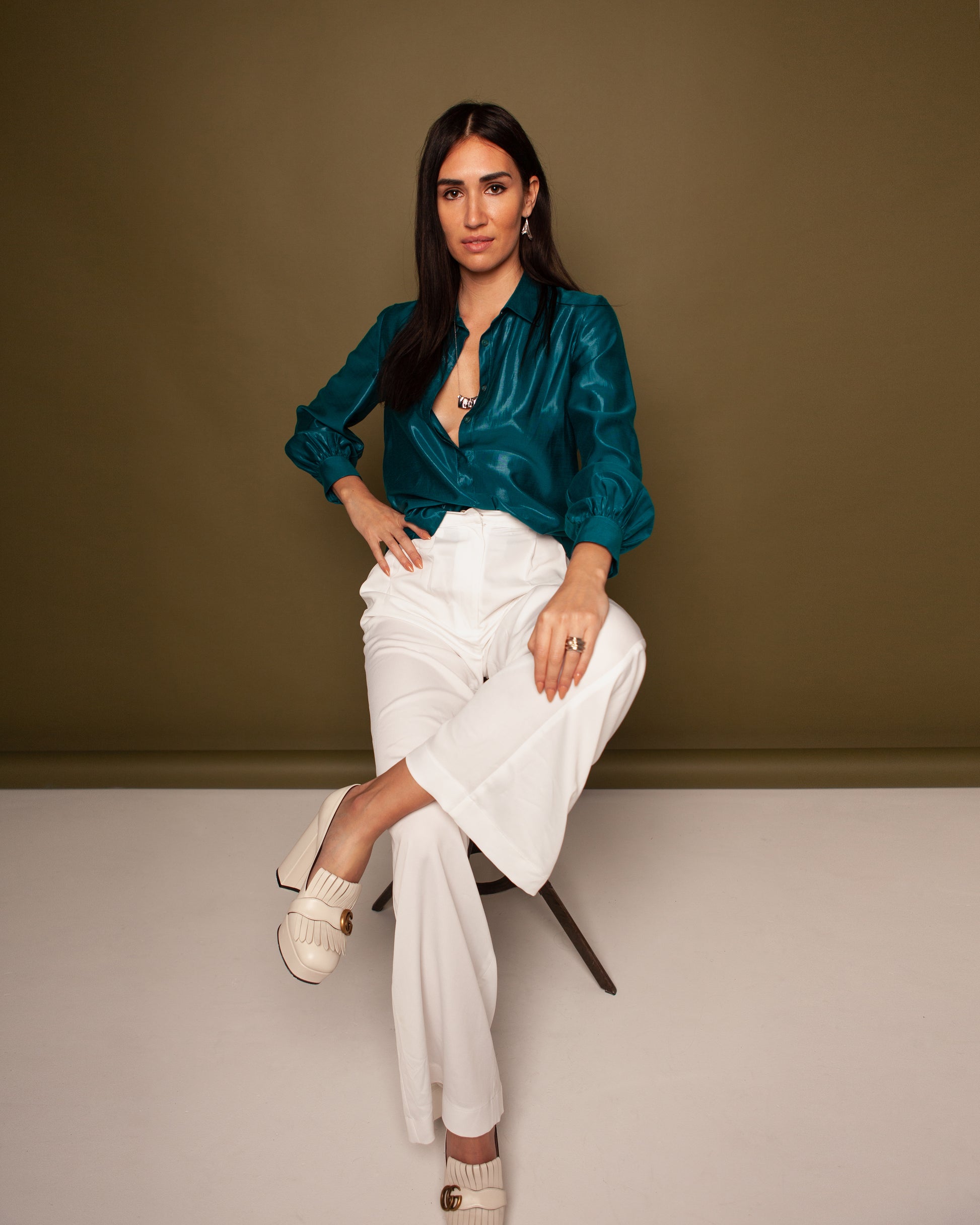 Retro Collar Petrol Green Shirt